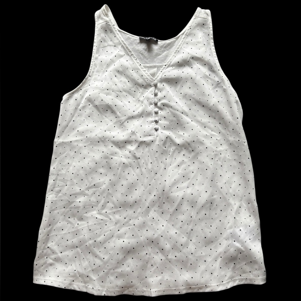 Express Tank‎ Top Womens Size XS Pure White Polka Dot V-Neck Lightweight Buttons